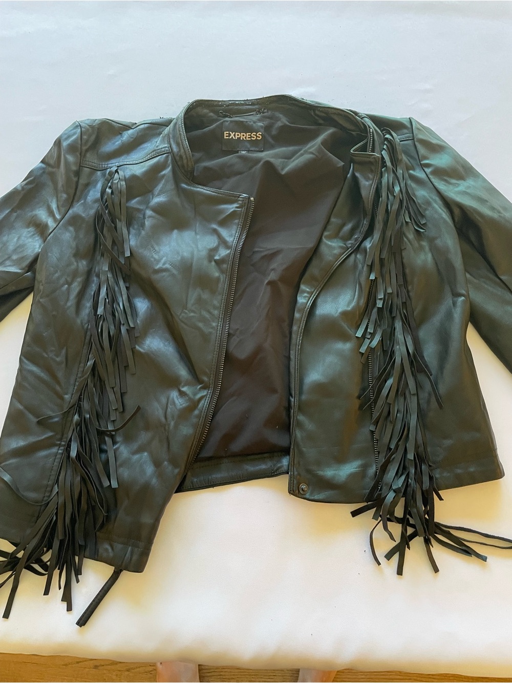 🔥 EXPRESS Black Faux Leather Fringe Moto Jacket Size M